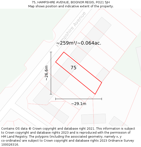 75, HAMPSHIRE AVENUE, BOGNOR REGIS, PO21 5JH: Plot and title map