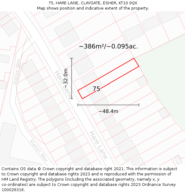 75, HARE LANE, CLAYGATE, ESHER, KT10 0QX: Plot and title map