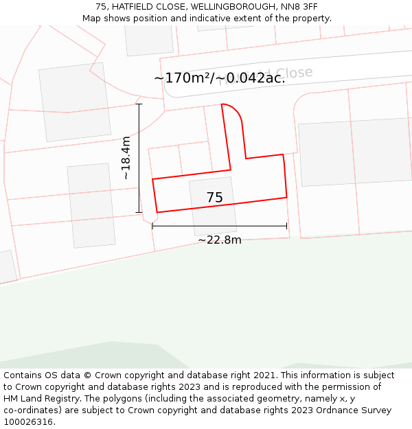 75, HATFIELD CLOSE, WELLINGBOROUGH, NN8 3FF: Plot and title map