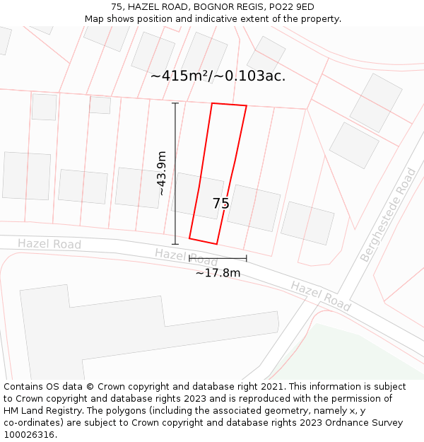 75, HAZEL ROAD, BOGNOR REGIS, PO22 9ED: Plot and title map