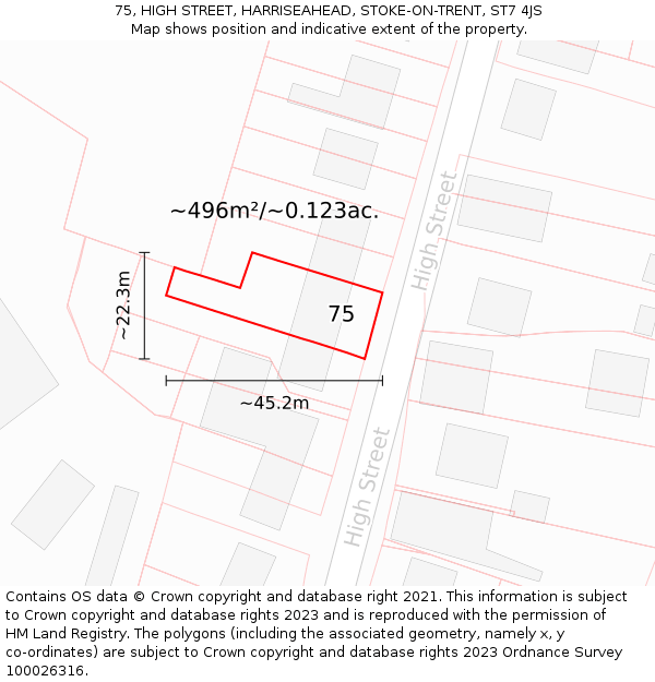 75, HIGH STREET, HARRISEAHEAD, STOKE-ON-TRENT, ST7 4JS: Plot and title map