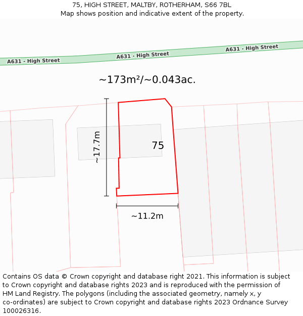 75, HIGH STREET, MALTBY, ROTHERHAM, S66 7BL: Plot and title map