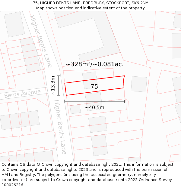 75, HIGHER BENTS LANE, BREDBURY, STOCKPORT, SK6 2NA: Plot and title map