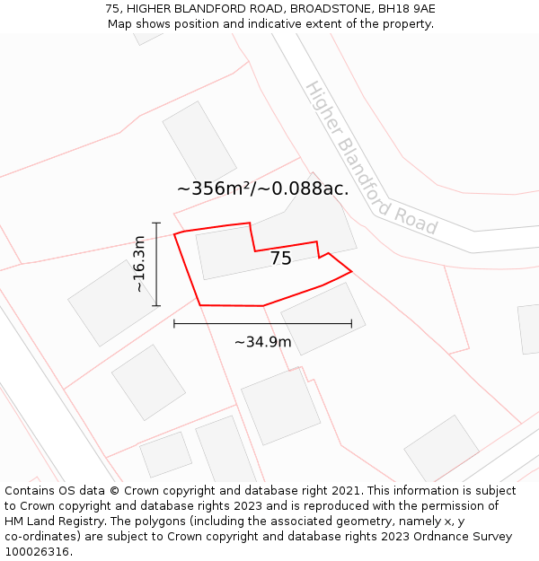 75, HIGHER BLANDFORD ROAD, BROADSTONE, BH18 9AE: Plot and title map