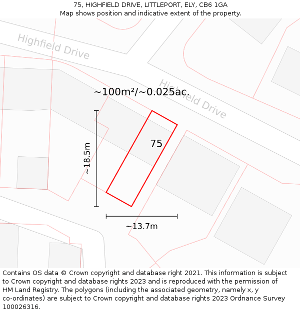 75, HIGHFIELD DRIVE, LITTLEPORT, ELY, CB6 1GA: Plot and title map