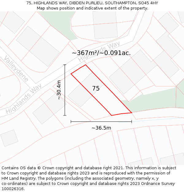 75, HIGHLANDS WAY, DIBDEN PURLIEU, SOUTHAMPTON, SO45 4HY: Plot and title map