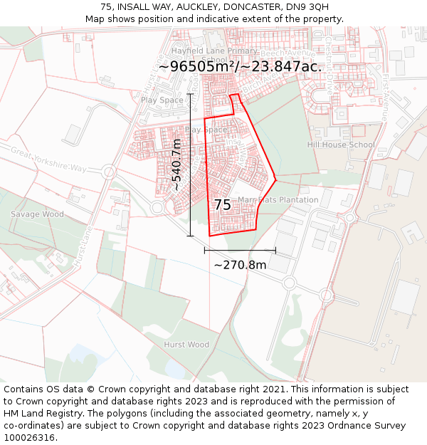 75, INSALL WAY, AUCKLEY, DONCASTER, DN9 3QH: Plot and title map