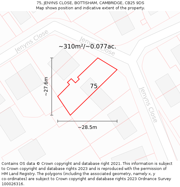 75, JENYNS CLOSE, BOTTISHAM, CAMBRIDGE, CB25 9DS: Plot and title map