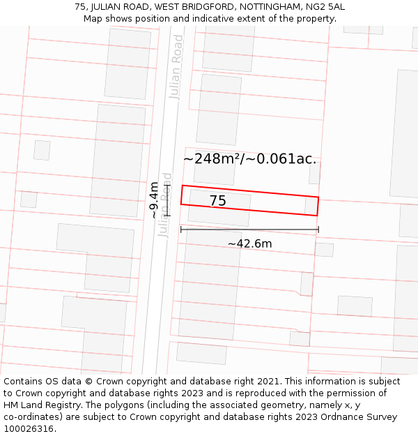 75, JULIAN ROAD, WEST BRIDGFORD, NOTTINGHAM, NG2 5AL: Plot and title map