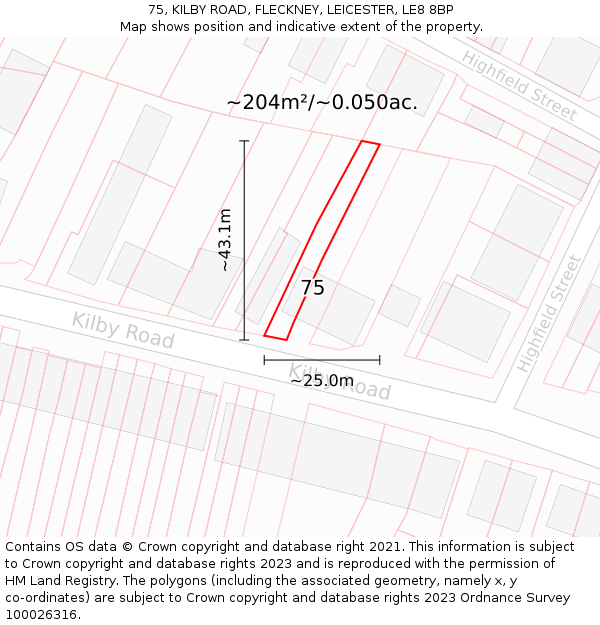 75, KILBY ROAD, FLECKNEY, LEICESTER, LE8 8BP: Plot and title map