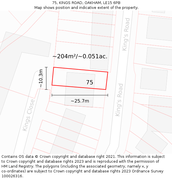 75, KINGS ROAD, OAKHAM, LE15 6PB: Plot and title map