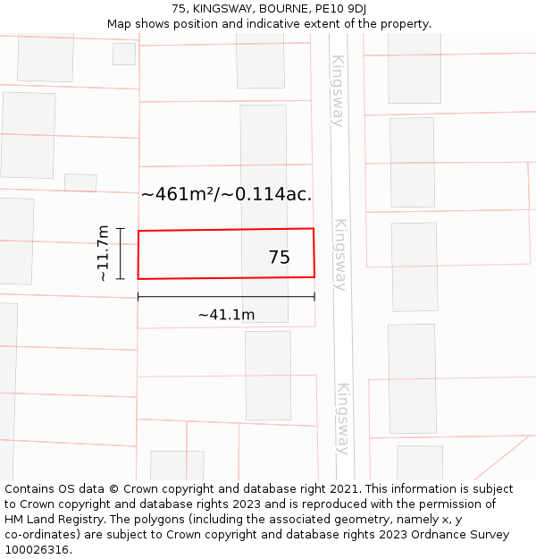 75, KINGSWAY, BOURNE, PE10 9DJ: Plot and title map