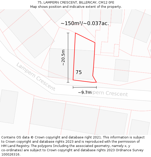 75, LAMPERN CRESCENT, BILLERICAY, CM12 0FE: Plot and title map