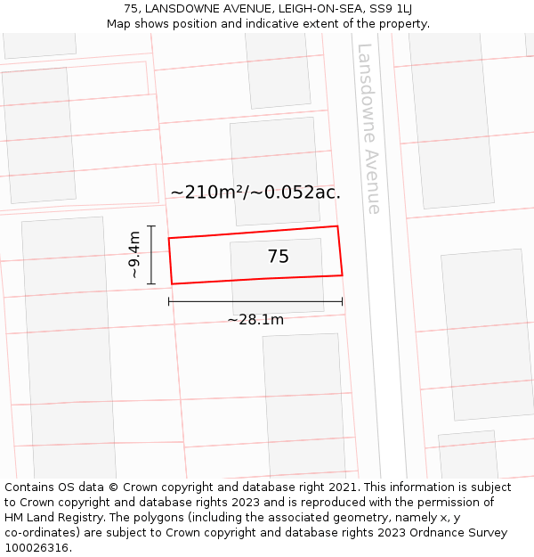 75, LANSDOWNE AVENUE, LEIGH-ON-SEA, SS9 1LJ: Plot and title map