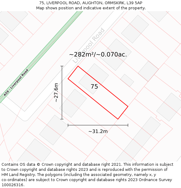 75, LIVERPOOL ROAD, AUGHTON, ORMSKIRK, L39 5AP: Plot and title map