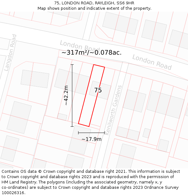 75, LONDON ROAD, RAYLEIGH, SS6 9HR: Plot and title map