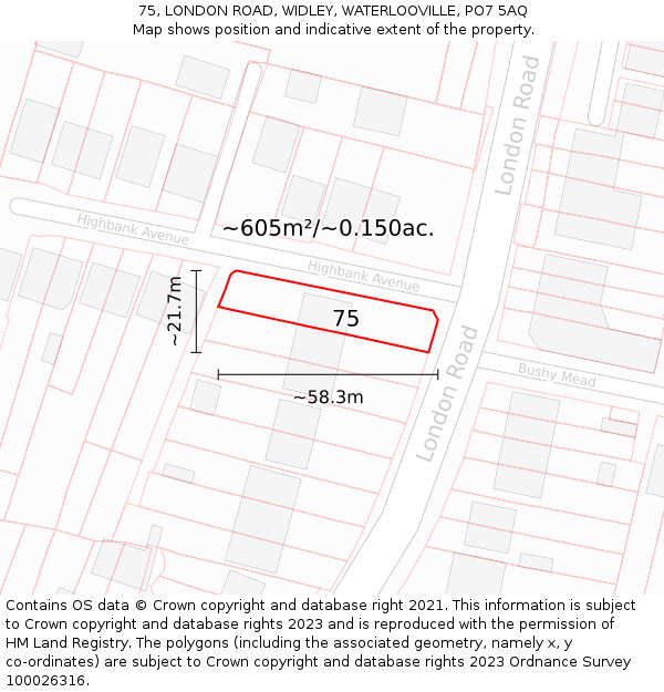 75, LONDON ROAD, WIDLEY, WATERLOOVILLE, PO7 5AQ: Plot and title map