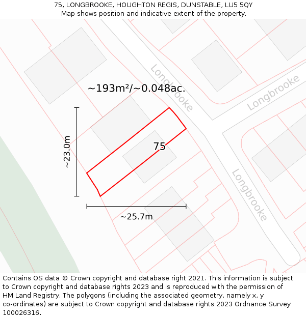 75, LONGBROOKE, HOUGHTON REGIS, DUNSTABLE, LU5 5QY: Plot and title map