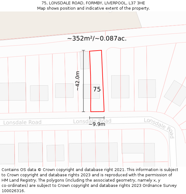 75, LONSDALE ROAD, FORMBY, LIVERPOOL, L37 3HE: Plot and title map