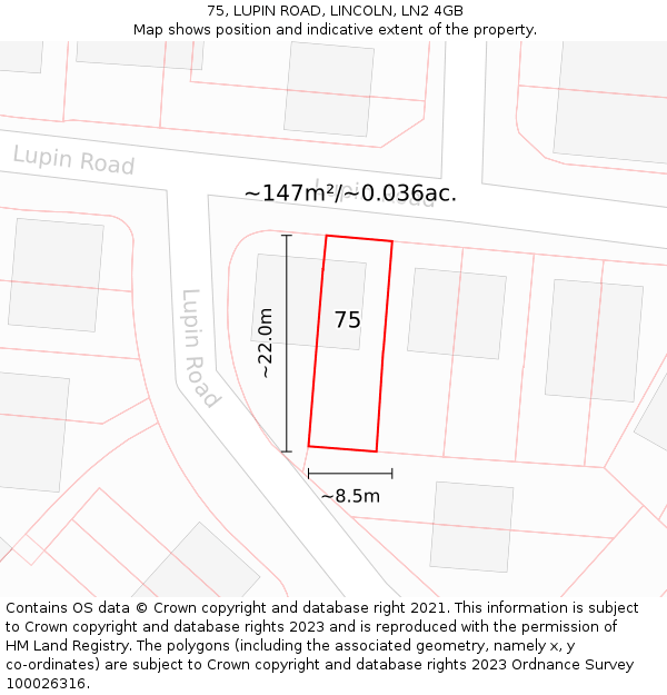 75, LUPIN ROAD, LINCOLN, LN2 4GB: Plot and title map