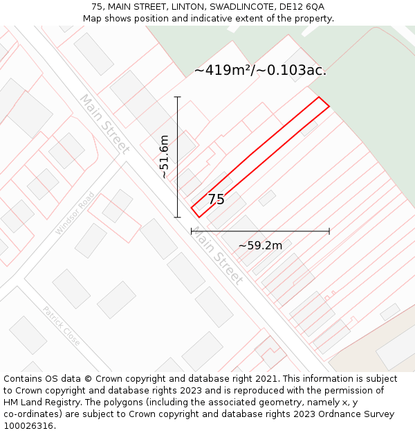 75, MAIN STREET, LINTON, SWADLINCOTE, DE12 6QA: Plot and title map