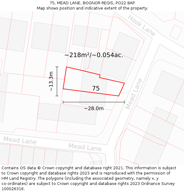 75, MEAD LANE, BOGNOR REGIS, PO22 8AP: Plot and title map