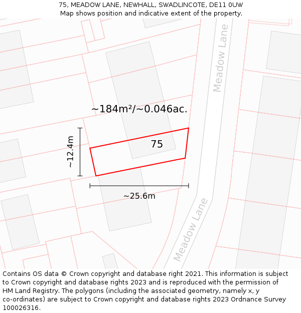 75, MEADOW LANE, NEWHALL, SWADLINCOTE, DE11 0UW: Plot and title map