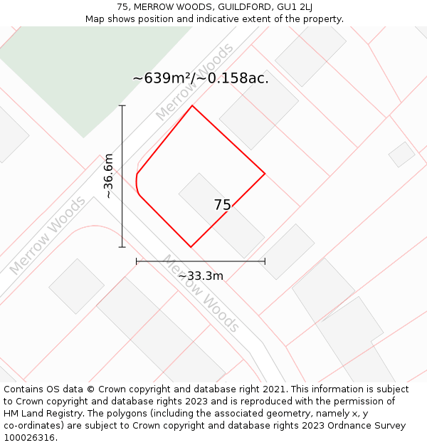 75, MERROW WOODS, GUILDFORD, GU1 2LJ: Plot and title map