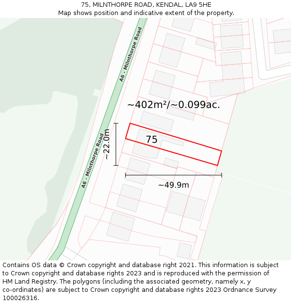 75, MILNTHORPE ROAD, KENDAL, LA9 5HE: Plot and title map