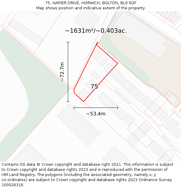 75, NAPIER DRIVE, HORWICH, BOLTON, BL6 6GF: Plot and title map