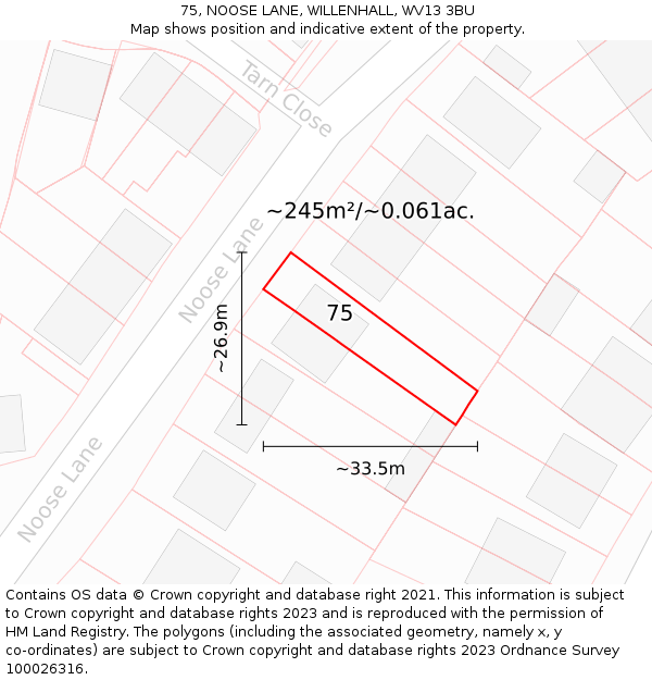 75, NOOSE LANE, WILLENHALL, WV13 3BU: Plot and title map