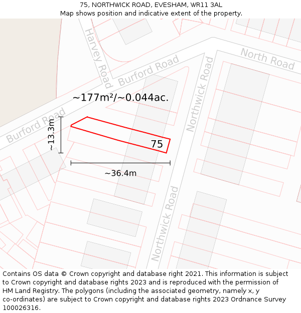 75, NORTHWICK ROAD, EVESHAM, WR11 3AL: Plot and title map