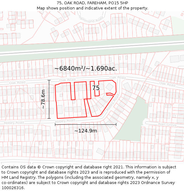 75, OAK ROAD, FAREHAM, PO15 5HP: Plot and title map