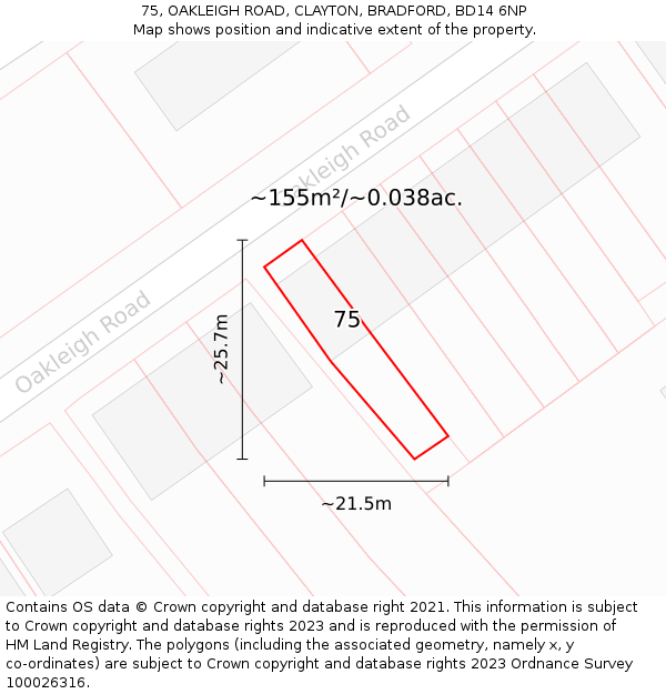 75, OAKLEIGH ROAD, CLAYTON, BRADFORD, BD14 6NP: Plot and title map