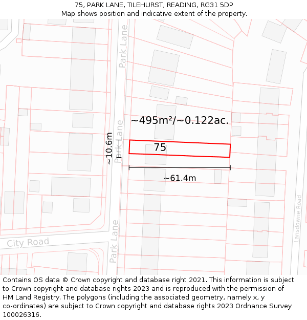 75, PARK LANE, TILEHURST, READING, RG31 5DP: Plot and title map