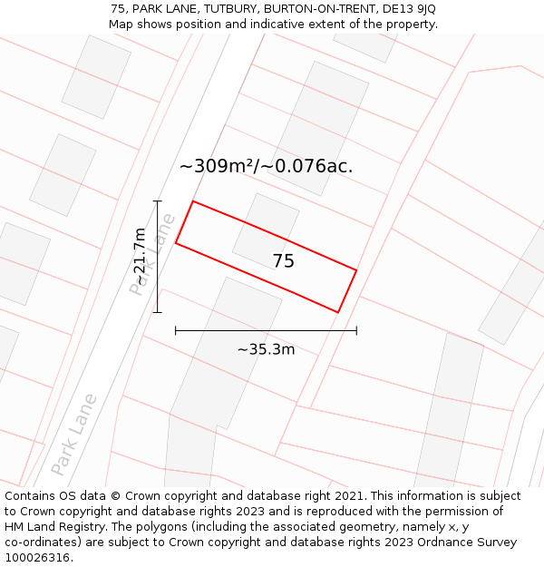75, PARK LANE, TUTBURY, BURTON-ON-TRENT, DE13 9JQ: Plot and title map
