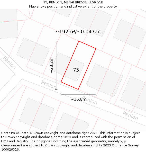 75, PENLON, MENAI BRIDGE, LL59 5NE: Plot and title map