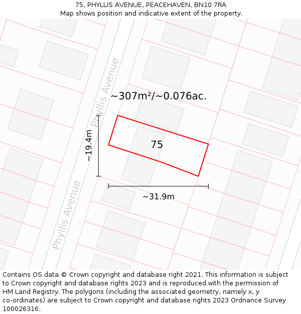 75, PHYLLIS AVENUE, PEACEHAVEN, BN10 7RA: Plot and title map