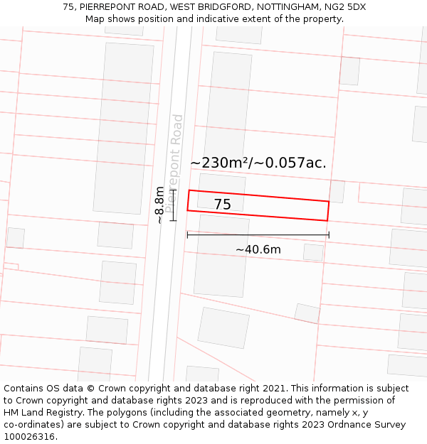 75, PIERREPONT ROAD, WEST BRIDGFORD, NOTTINGHAM, NG2 5DX: Plot and title map