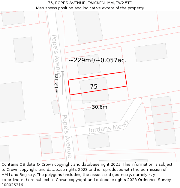 75, POPES AVENUE, TWICKENHAM, TW2 5TD: Plot and title map