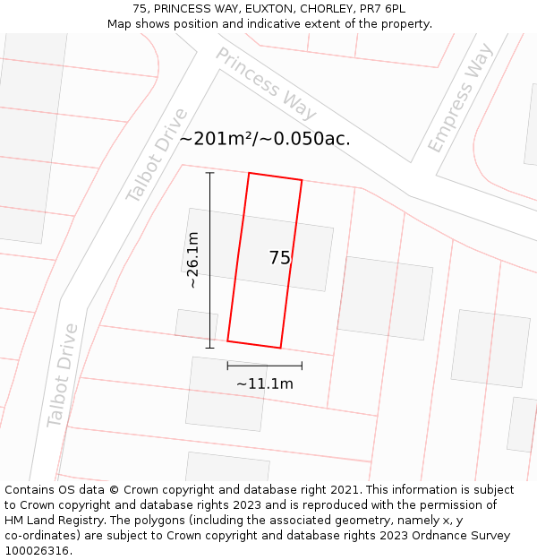 75, PRINCESS WAY, EUXTON, CHORLEY, PR7 6PL: Plot and title map