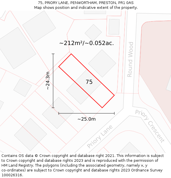 75, PRIORY LANE, PENWORTHAM, PRESTON, PR1 0AS: Plot and title map