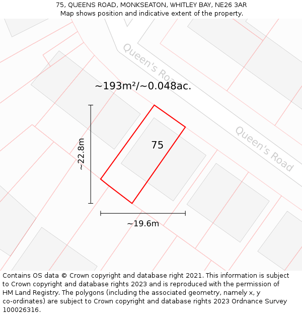 75, QUEENS ROAD, MONKSEATON, WHITLEY BAY, NE26 3AR: Plot and title map