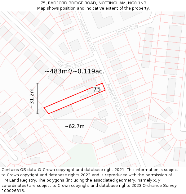 75, RADFORD BRIDGE ROAD, NOTTINGHAM, NG8 1NB: Plot and title map