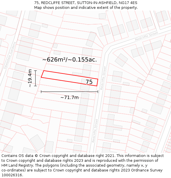 75, REDCLIFFE STREET, SUTTON-IN-ASHFIELD, NG17 4ES: Plot and title map