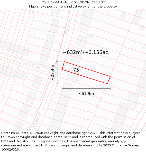 75, RICKMAN HILL, COULSDON, CR5 3DT: Plot and title map