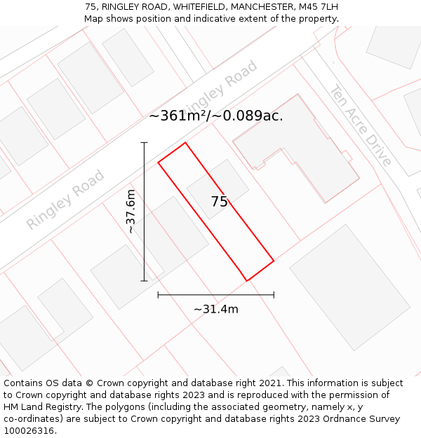 75, RINGLEY ROAD, WHITEFIELD, MANCHESTER, M45 7LH: Plot and title map