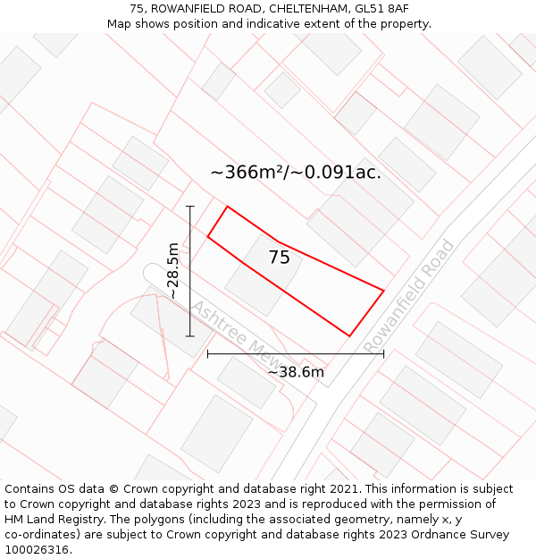 75, ROWANFIELD ROAD, CHELTENHAM, GL51 8AF: Plot and title map