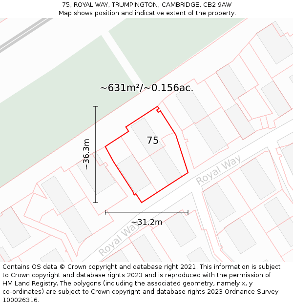 75, ROYAL WAY, TRUMPINGTON, CAMBRIDGE, CB2 9AW: Plot and title map