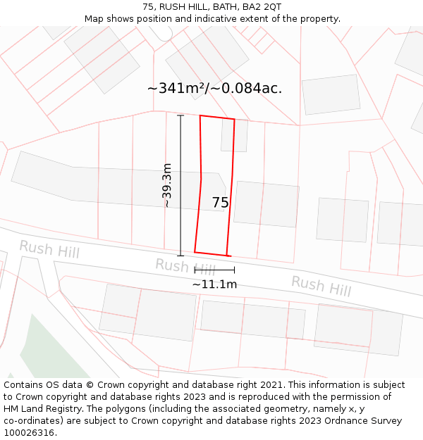 75, RUSH HILL, BATH, BA2 2QT: Plot and title map